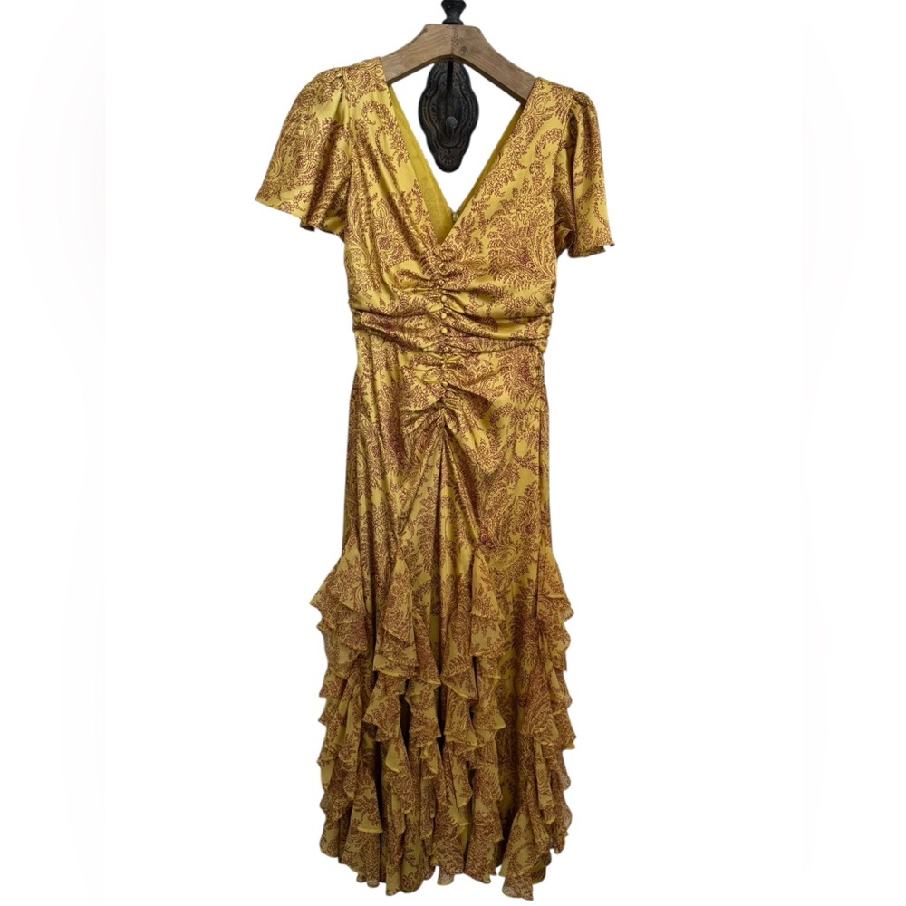 Cinq a Sept Gold Cocktail Gown with Flutter Sleeves size 6 wedding guest dress - Picture 4 of 9